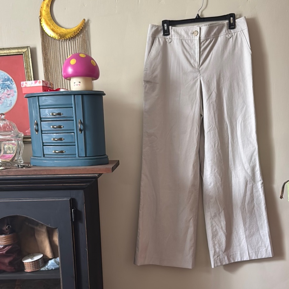 ⚪️🐘☑️👖LOFT Gray&White pinstripe Wide Leg Pants Tailored Waistband